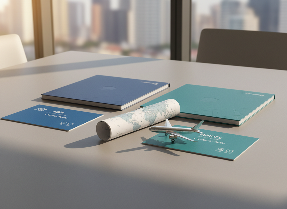 An elegant international student welcome package laid out on a neutral gray meeting table: branded yet text-free folders in deep blue and teal, color-coded information sheets, a minimalist world map print, and a small model airplane with a metallic finish. In the background, large windows suggest an urban campus skyline in Asia and Europe, softly out of focus. Warm afternoon sunlight streams diagonally across the table, casting long, gentle shadows and highlighting the textures of thick, premium paper. Photographic realism, shot from a top-down perspective with clean, modern composition, evokes organized, reliable global enrollment support services.