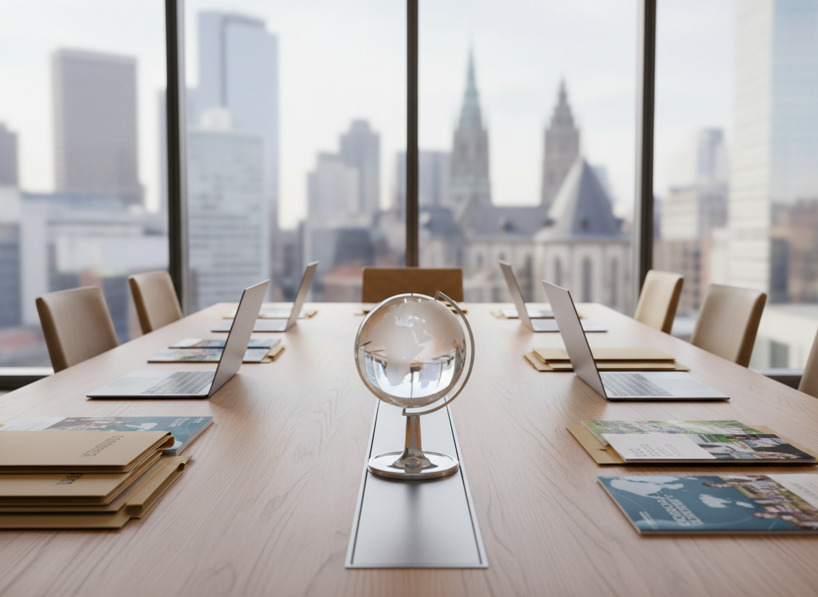 A polished, modern university admissions office conference table made of light oak wood, meticulously arranged with open laptops, neatly stacked application folders, global campus brochures, and a sleek glass globe at the center symbolizing international reach. Large floor-to-ceiling windows reveal a subtle city skyline from North America and Europe, softly blurred in the background. Bright but diffused daylight streams in, creating clean reflections on the table’s surface and gentle shadows under the objects. Photographic realism, captured at eye level with a moderate depth of field, conveys a professional, trustworthy B2B atmosphere tailored to university administrators evaluating international recruitment partnerships.