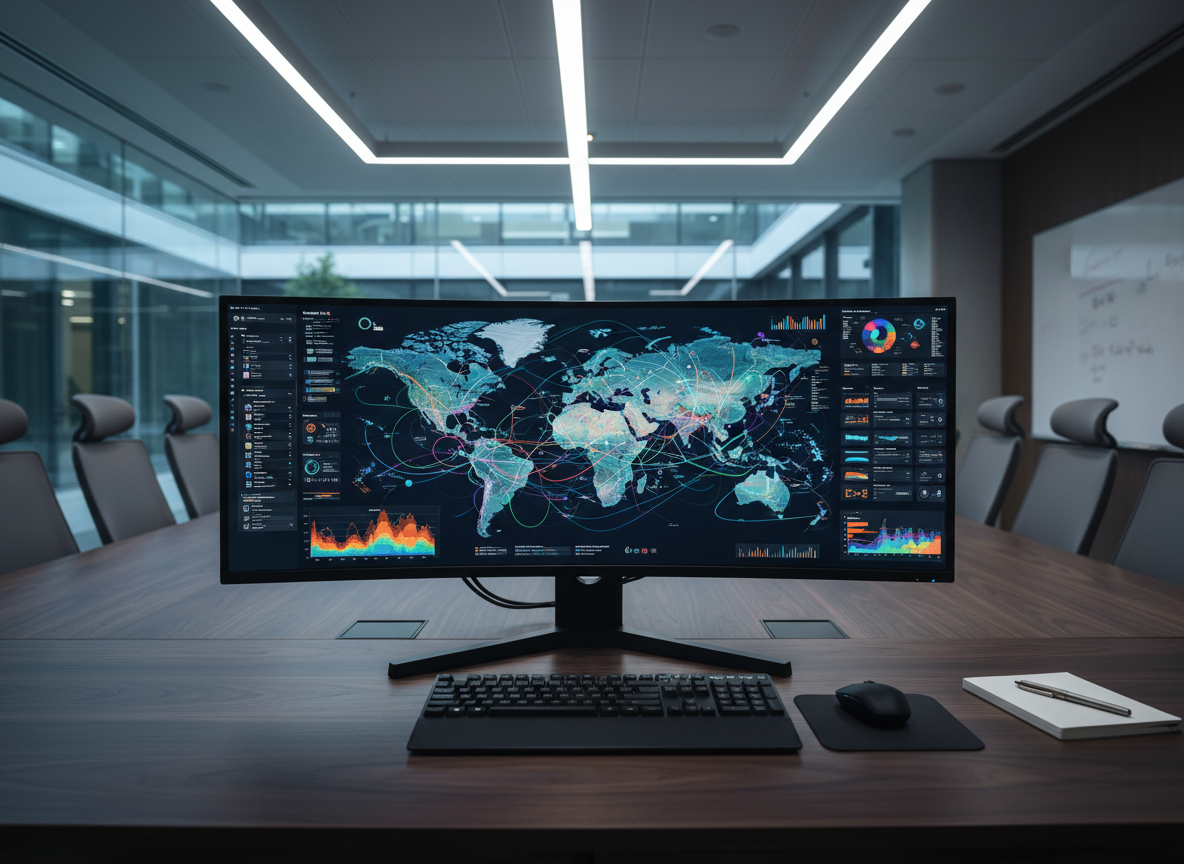 A sophisticated digital analytics workstation in a quiet university boardroom, featuring an ultra-wide monitor displaying colorful but non-legible charts and world maps indicating student recruitment performance across the USA, Canada, Europe, and Asia. The matte-black keyboard, wireless mouse, and a slim notebook with a metal pen rest neatly on a dark walnut desk. Cool, even overhead lighting and a faint glow from the monitor illuminate the scene, creating subtle reflections on the desk’s polished surface. Photographic realism, composed from a slightly elevated angle with sharp focus throughout, communicates data-driven, transparent recruitment solutions for institutional decision makers.