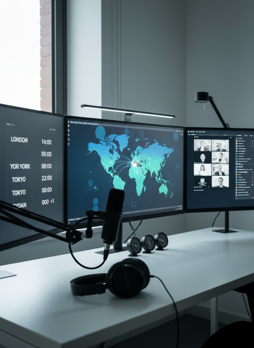 A contemporary virtual recruitment control center inside a quiet campus office, featuring three side-by-side monitors on a clean white desk, each showing abstracted video call tiles and global time zones without recognizable faces or text. A high-end microphone, noise-canceling headphones, and a small world clock cluster emphasize cross-border communication. Cool, balanced LED task lighting combines with faint natural light from a nearby window, creating a calm, focused environment. Photographic realism, framed using the rule of thirds with a slight angle toward the screens, communicates always-on, professional international outreach operations for universities.
