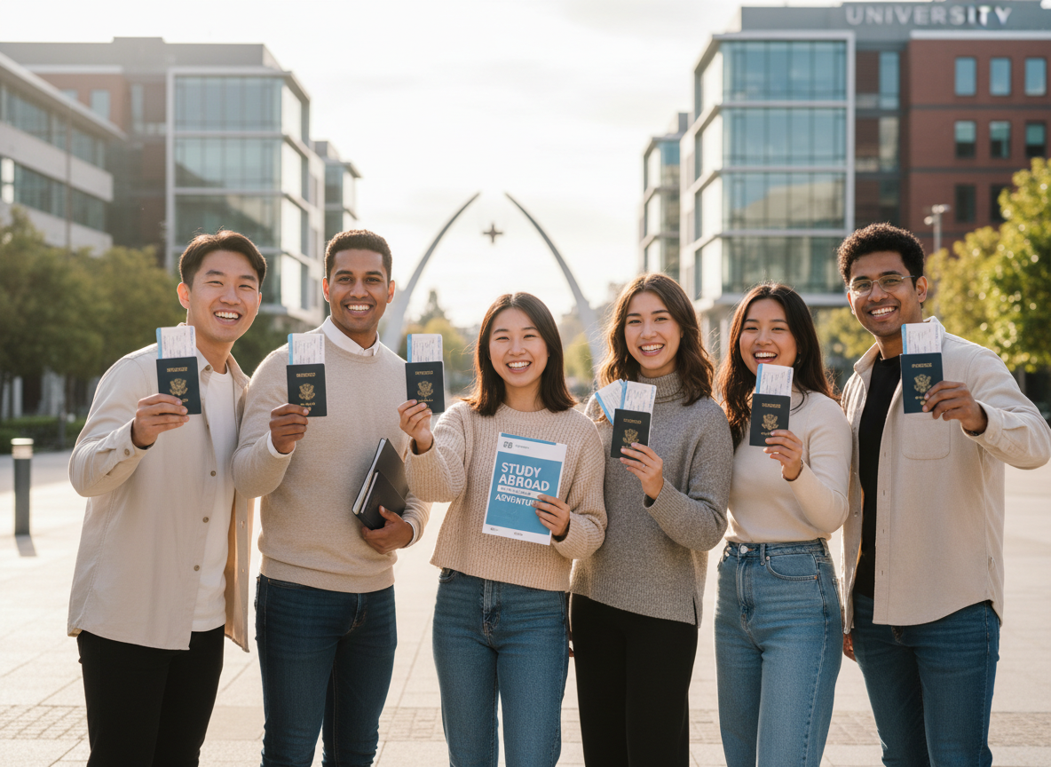 Diverse students holding passports excited to study abroad
